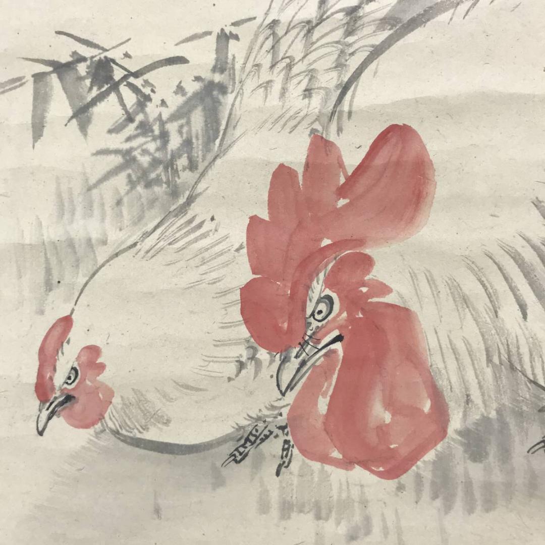 【真作】古市金峨/双鶏図/鶏図/チャボ図/横物/掛軸/名家伝来/AC-97