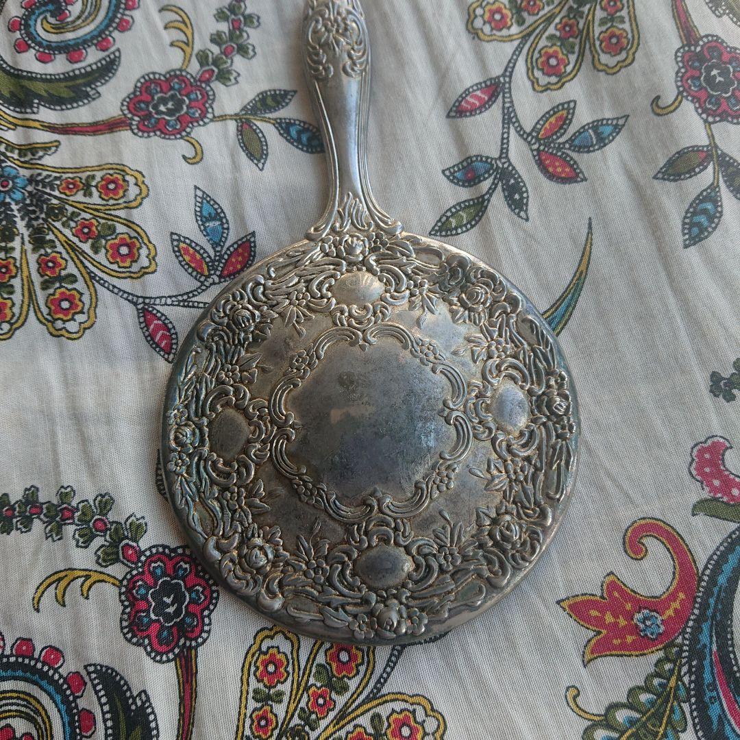 アンティーク 銀メッキ 手鏡 花柄