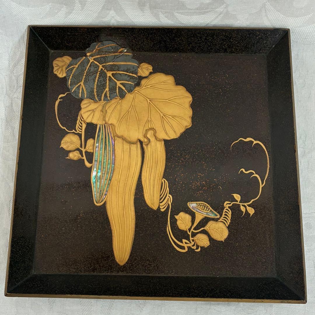 蒔絵 四方盆 へちま 螺鈿 共箱 木製 蒔絵盆 香盆 茶道具 骨董品