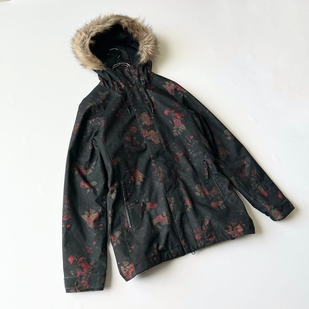 3268 ボルコム　ジャケット ファー付き 花柄 バラ　黒　S