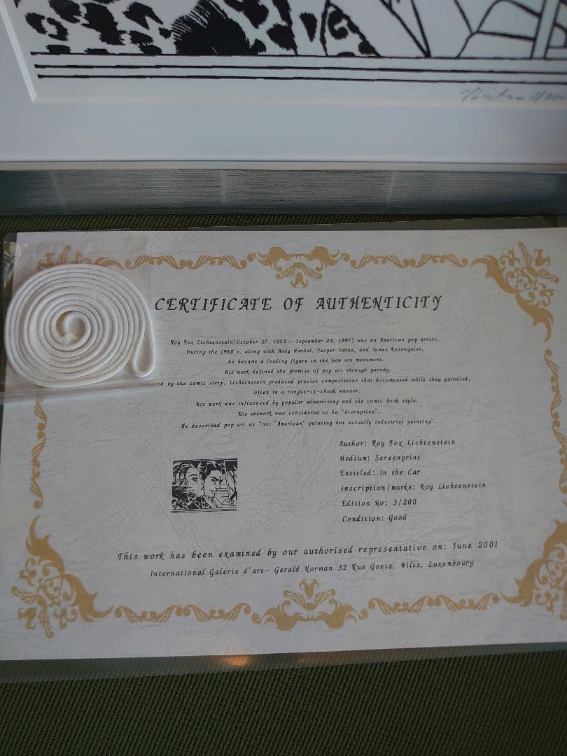 ロイ・リキテンスタイン「in the Car」直筆サイン　証明書　真作保証