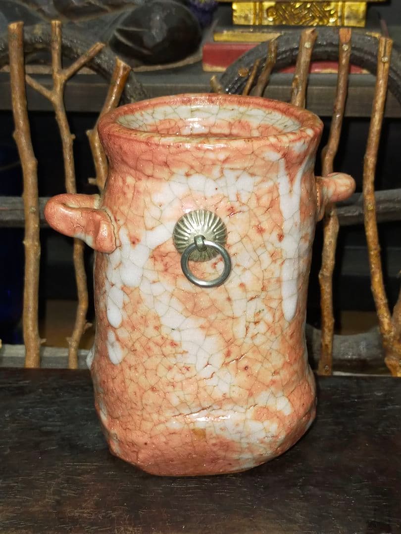 ♥志野　花器　桐箱付き　２　花瓶　掛花入れ　骨董品　アンティーク