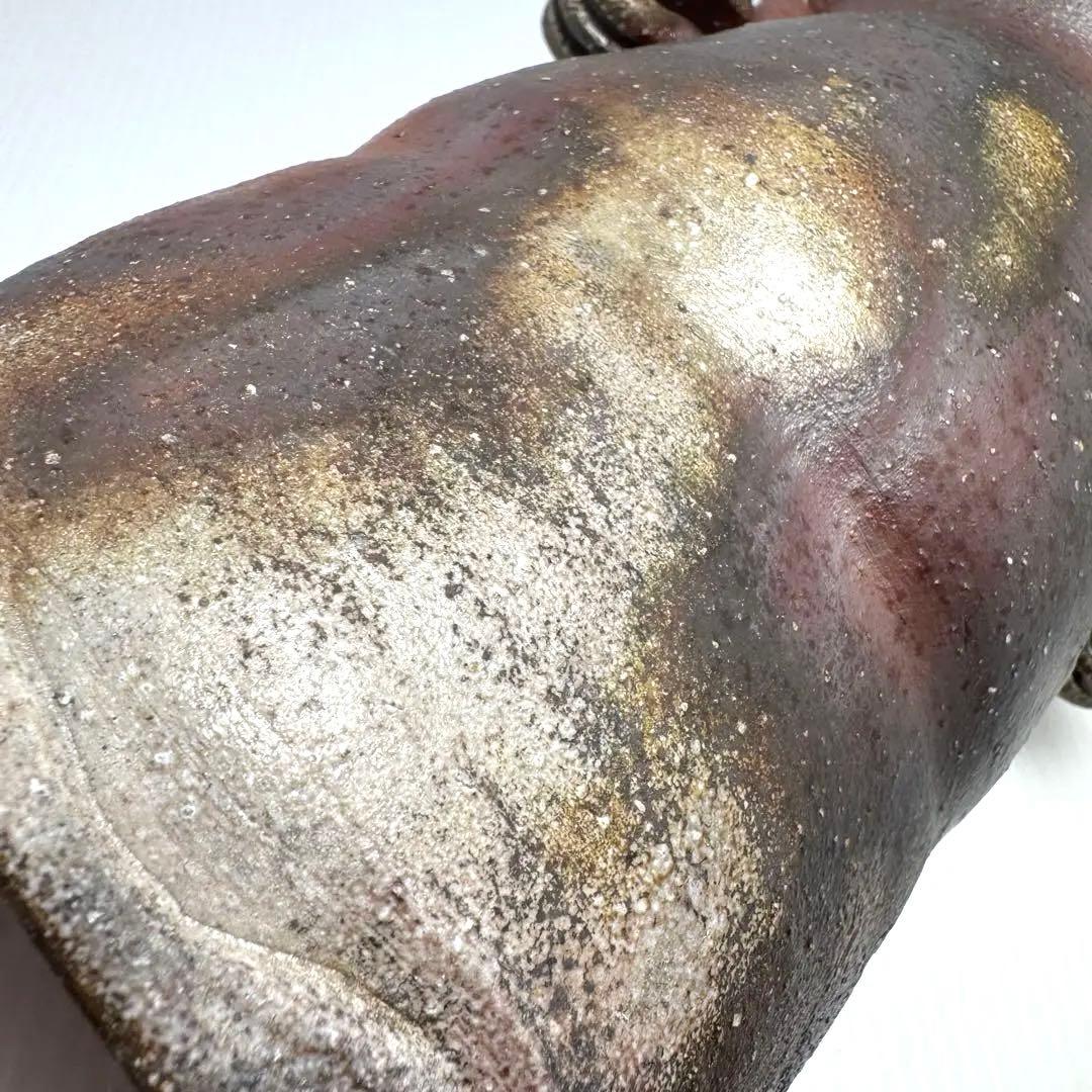 未使用 備前焼 斉藤隆 持ち手付き 花生 花瓶 花器 壺 伝統工芸 美術品