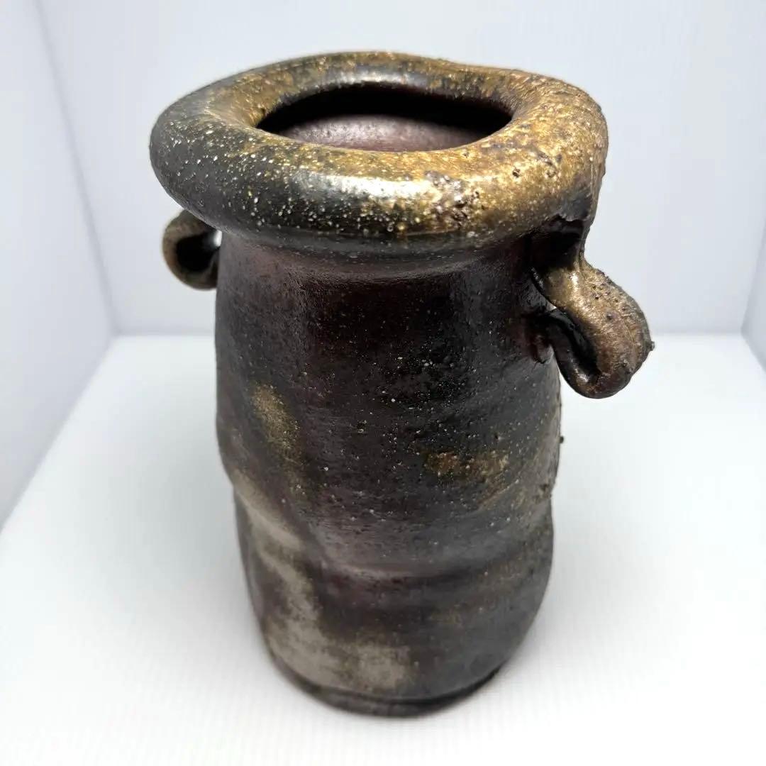 未使用 備前焼 斉藤隆 持ち手付き 花生 花瓶 花器 壺 伝統工芸 美術品