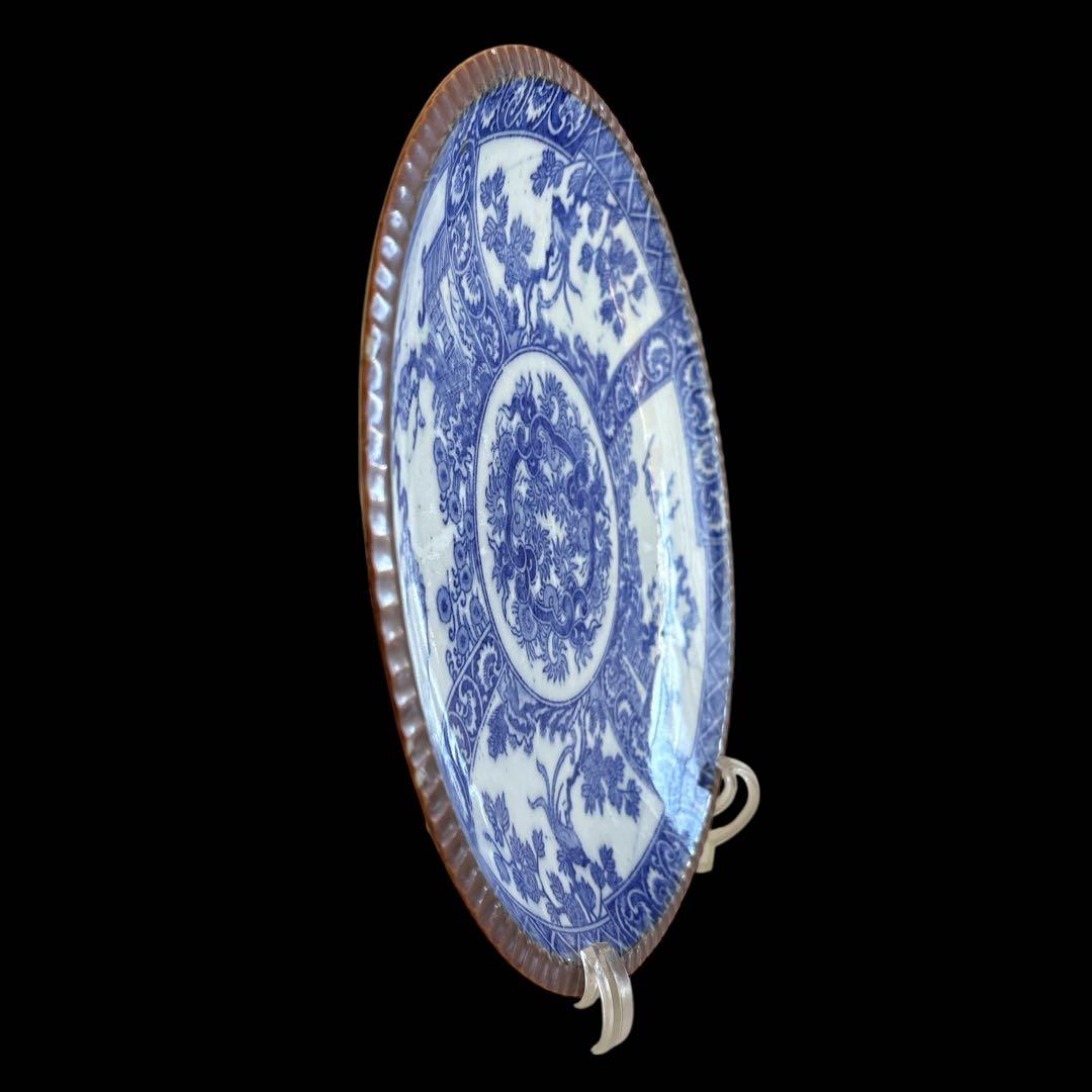 伊万里 有田 染付 印判手 中皿 割付文 楼閣山水 花枝 花唐草 見込唐草丸