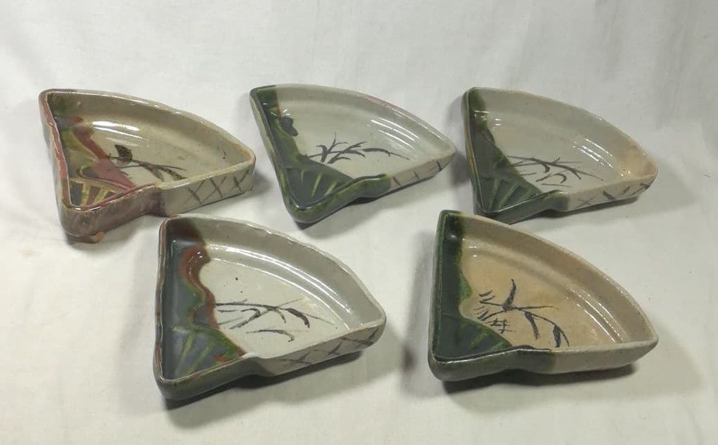 在銘あり　織部焼　扇形銘々皿　５客　懐石料理