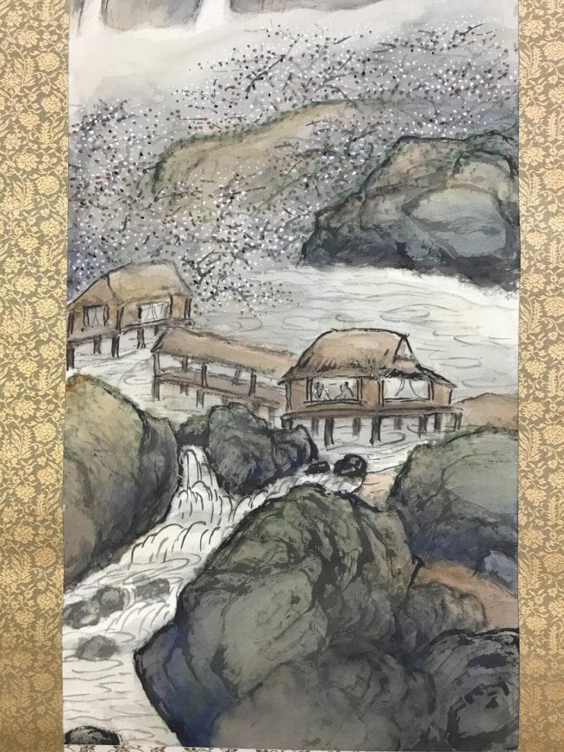 【真作】河野秋邨/水梅亭会友図/山水図/梅花山水図/掛軸☆宝船☆AD-581