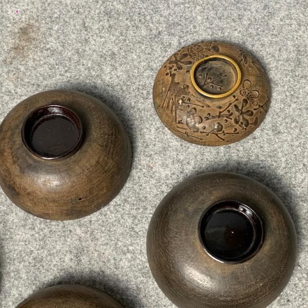 会津塗鉄錆塗木製蒔絵富士山吸物椀4個[B34143]