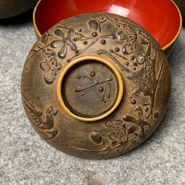 会津塗鉄錆塗木製蒔絵富士山吸物椀4個[B34143]