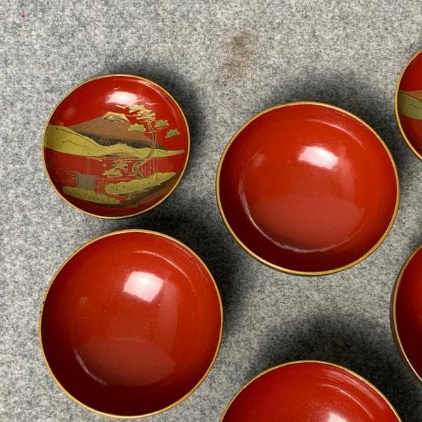 会津塗鉄錆塗木製蒔絵富士山吸物椀4個[B34143]