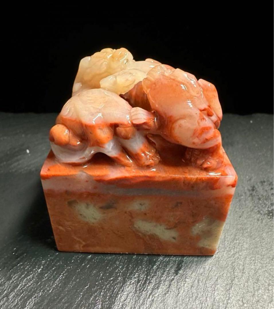 61 大印面瑞獣高級ラオス石　手彫り　篆刻　書道　印材　落款　遊印　雅号印　箱付