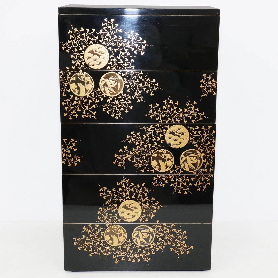 漆器　金蒔絵 花唐草 松竹梅 重箱　 塗師　鐵二　共箱 共布