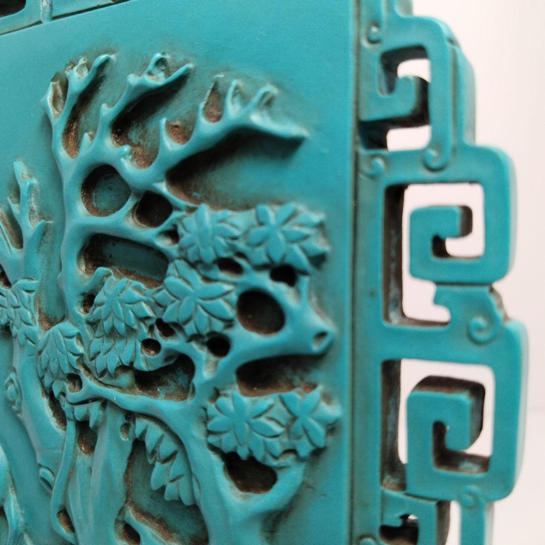 S196 細密彫刻 砡 孔雀石 陽刻 漢詩草原馬文 硯屏 高さ19㎝ 唐木台付