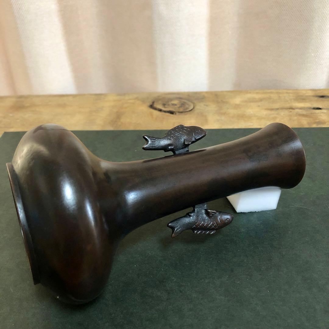 唐銅双鯉耳付花入 共箱 茶道具