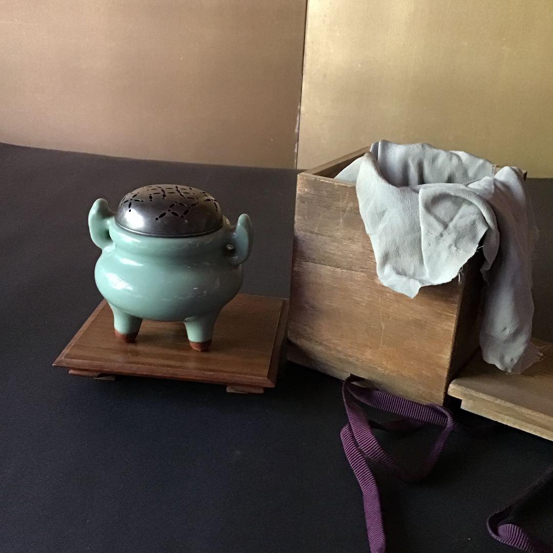 青磁　銀製麻の葉透かし火屋　香炉