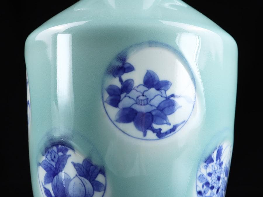 Y2463 時代物 中国 青磁 染付 青花獣双耳瓶 大花瓶 高さ26㎝
