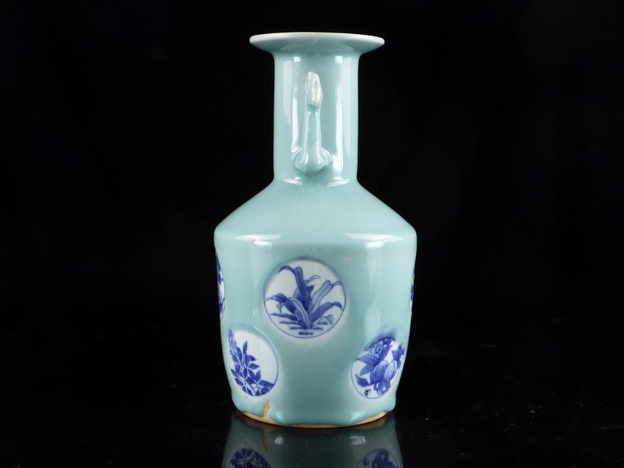 Y2463 時代物 中国 青磁 染付 青花獣双耳瓶 大花瓶 高さ26㎝