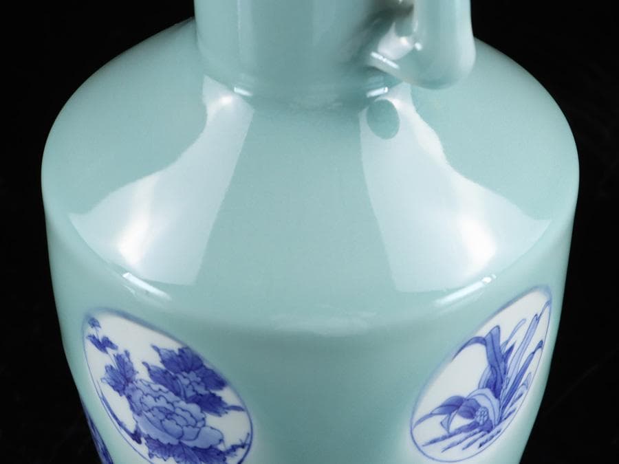 Y2463 時代物 中国 青磁 染付 青花獣双耳瓶 大花瓶 高さ26㎝