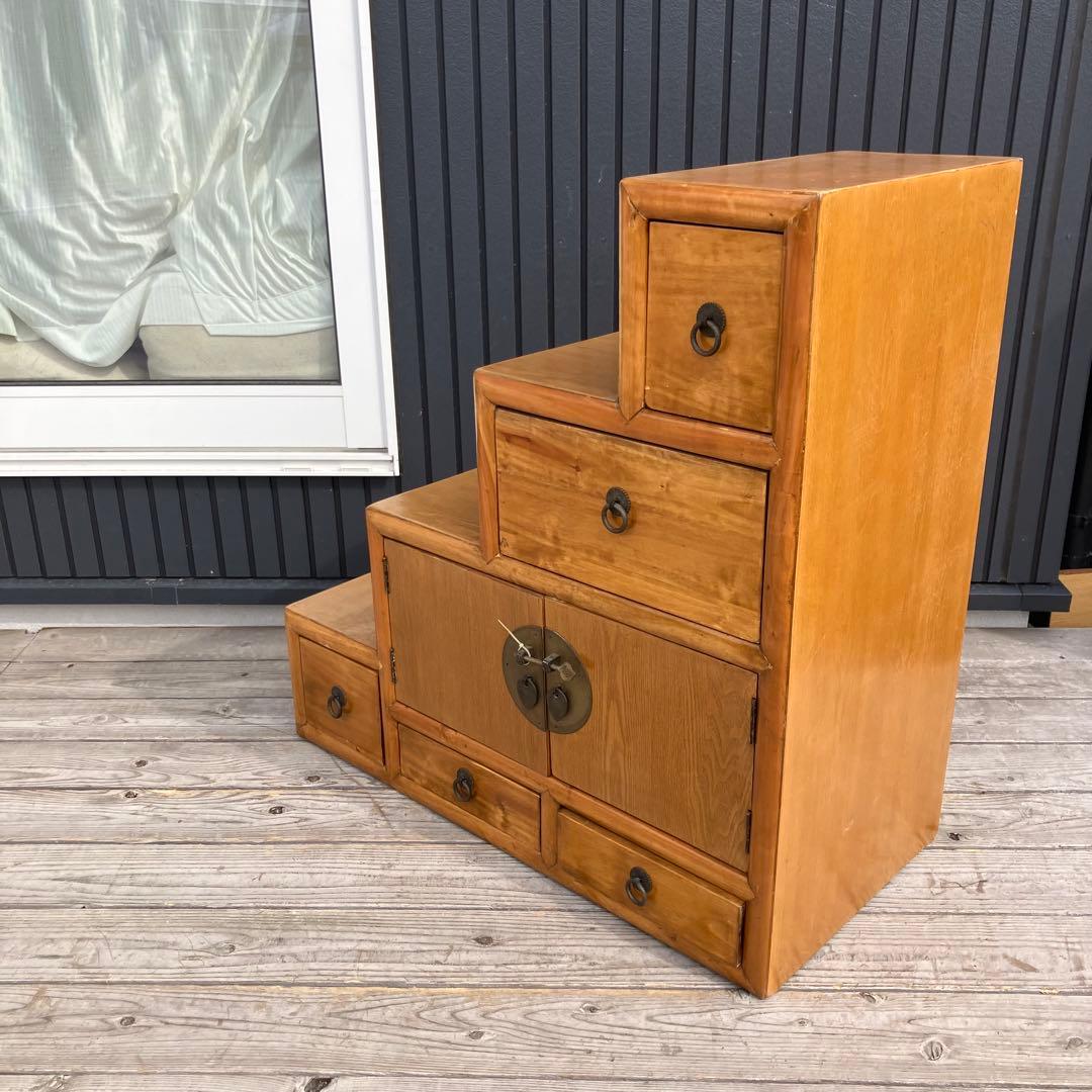 ② 昭和レトロ 中国古典家具 木製 階段箪笥 サイドボード 古家具 両面引き出し