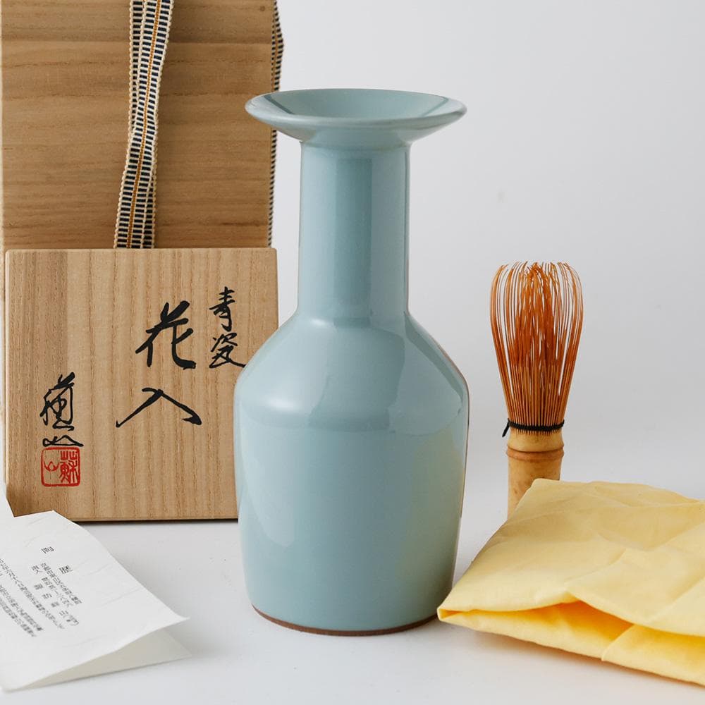 T　 時代 三代 諏訪蘇山　花入 共箱 　青瓷 青磁 茶道具　黄布　しおり　陶歴