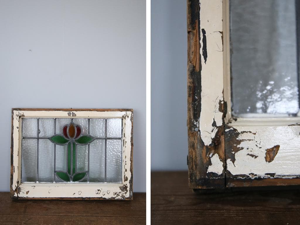 英国アンティークステンドグラス窓枠/ガラスウィンドウ建具/オブジェ(92-48)