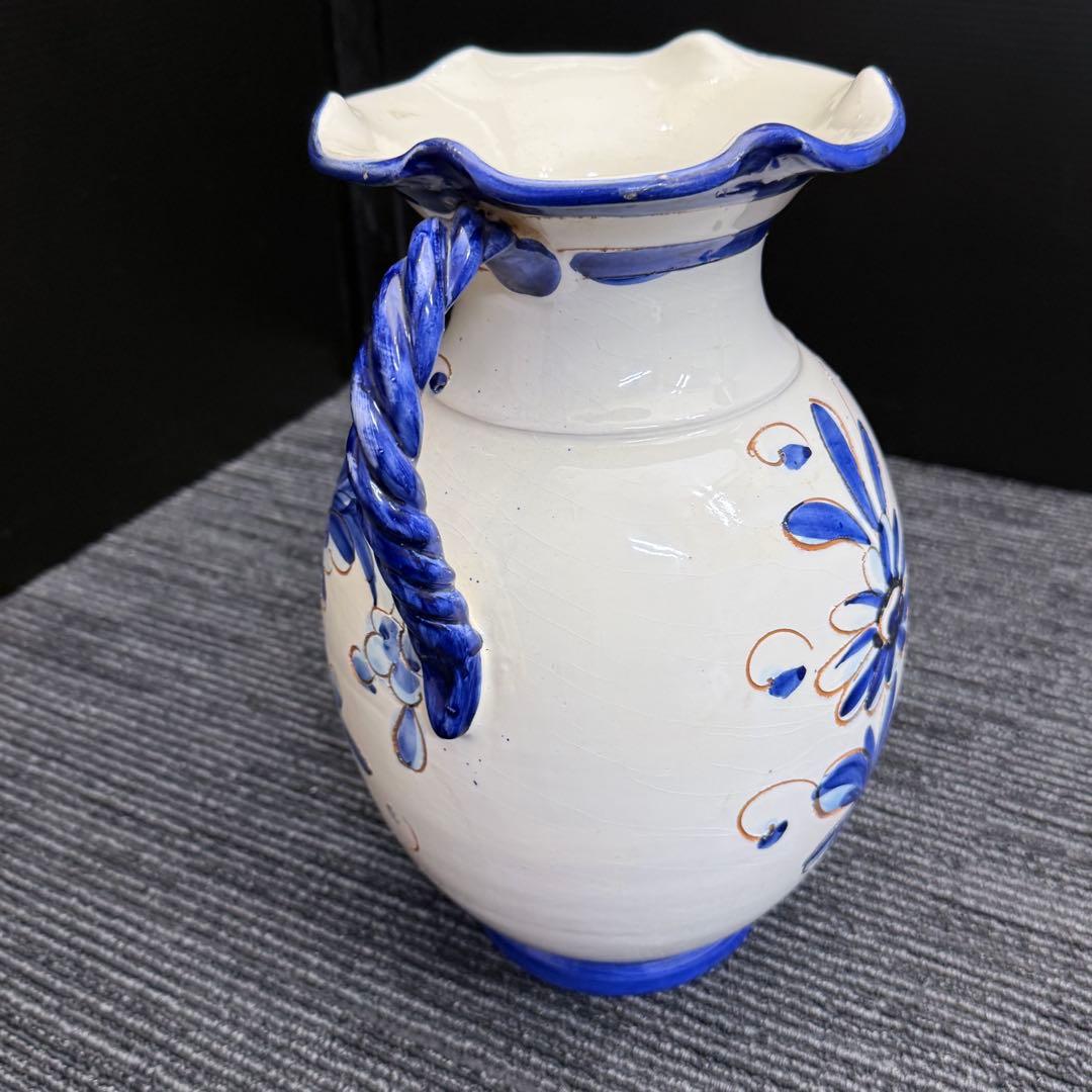 ヴィンテージ スペイン風 陶器 花瓶 特大 オブジェ 31cm ツイストハンドル