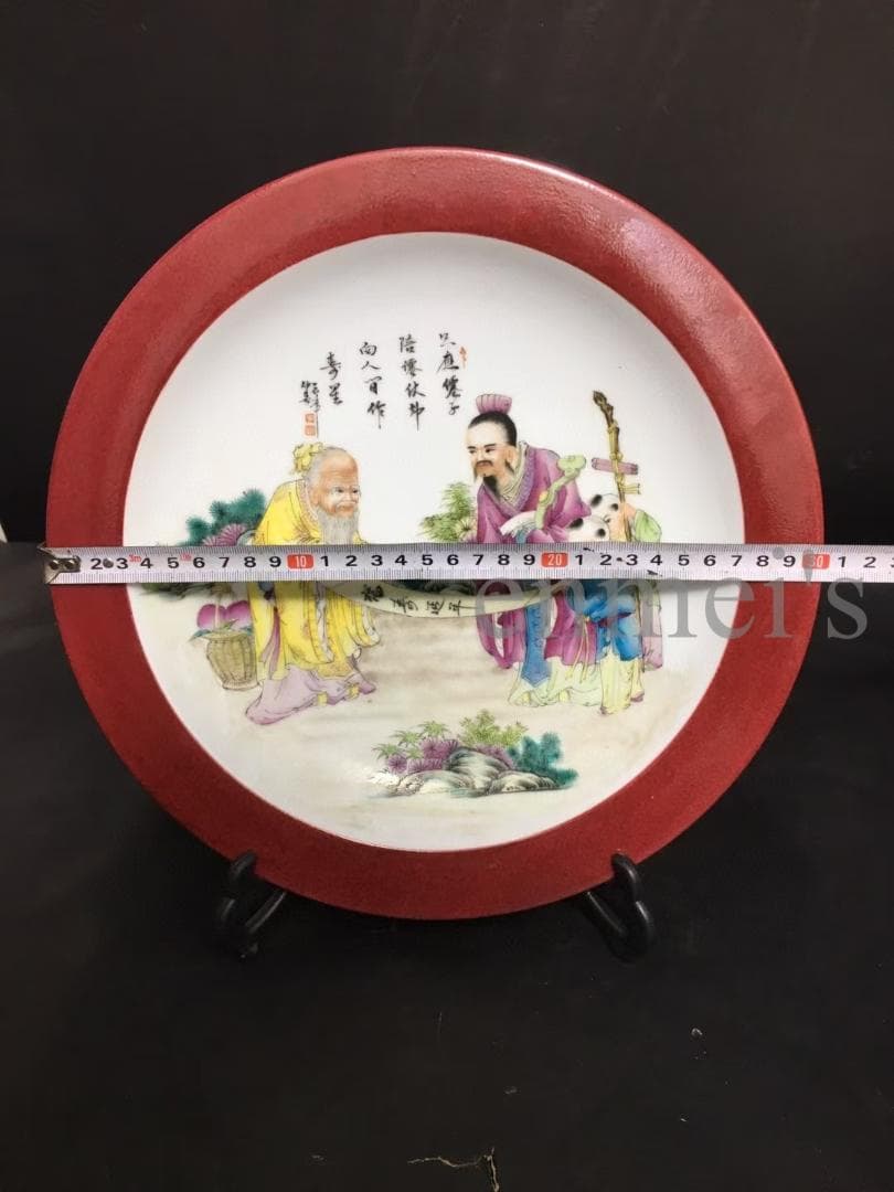 中国古美術・旧蔵 粉彩人物図飾皿・赤縁白磁陶器・観賞用プレート・文房置物・茶道具