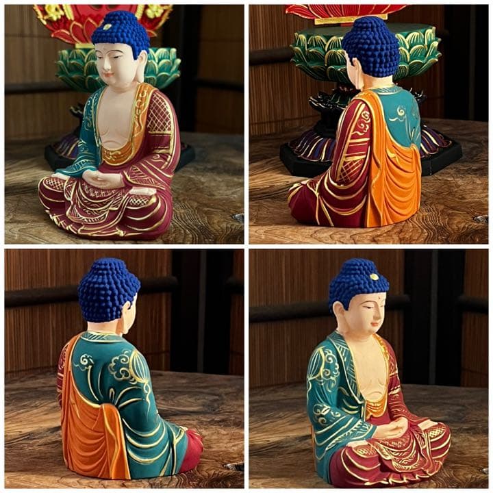 仏教美術 彩色総桧材 細密彫り 飛天光背 八角台座 釈迦如来像 仏像 展示品三寸