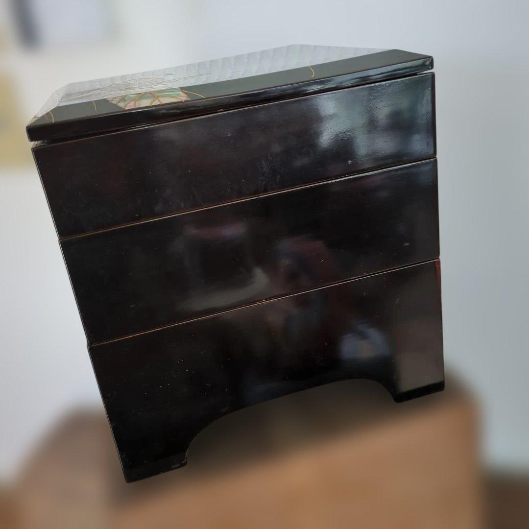 骨董　重箱　螺鈿　三段重　木製　漆器　正月　おせち　木箱