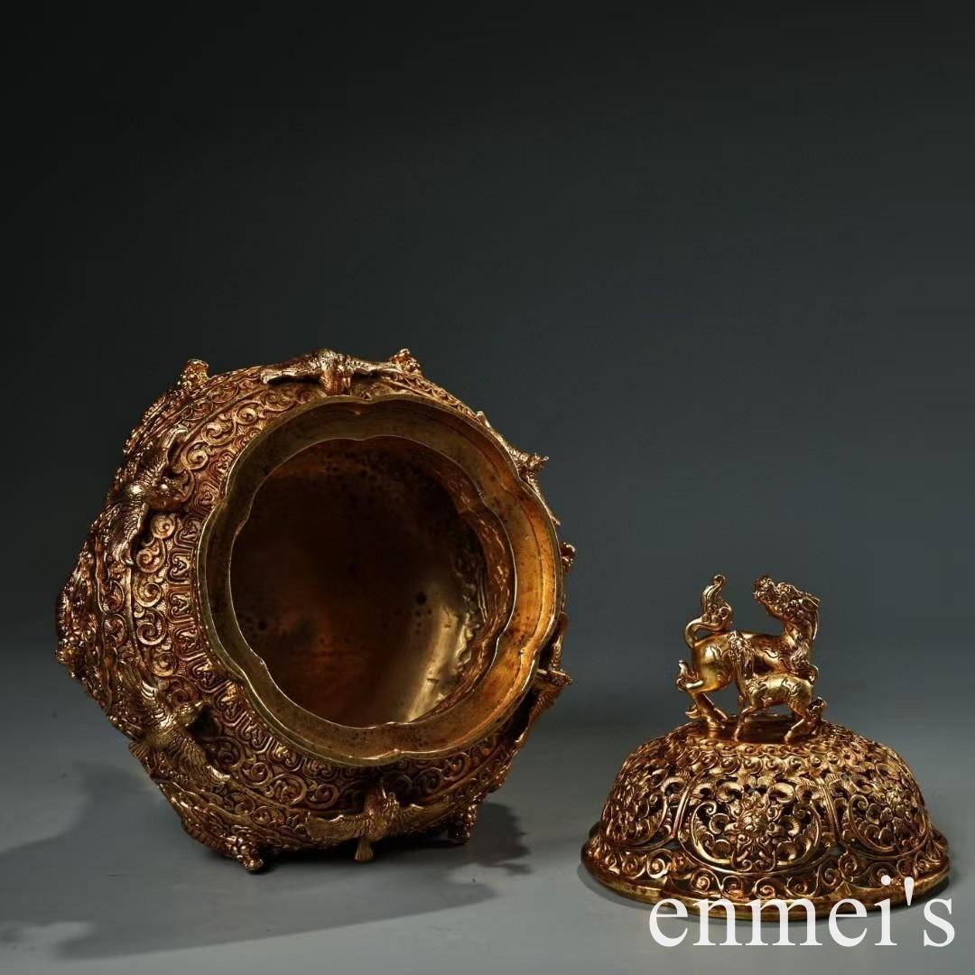 中国古美術・旧蔵六鳳三足獣耳香炉・純銅製・鏨刻鎏金・純手作り・置物・茶道・文房具