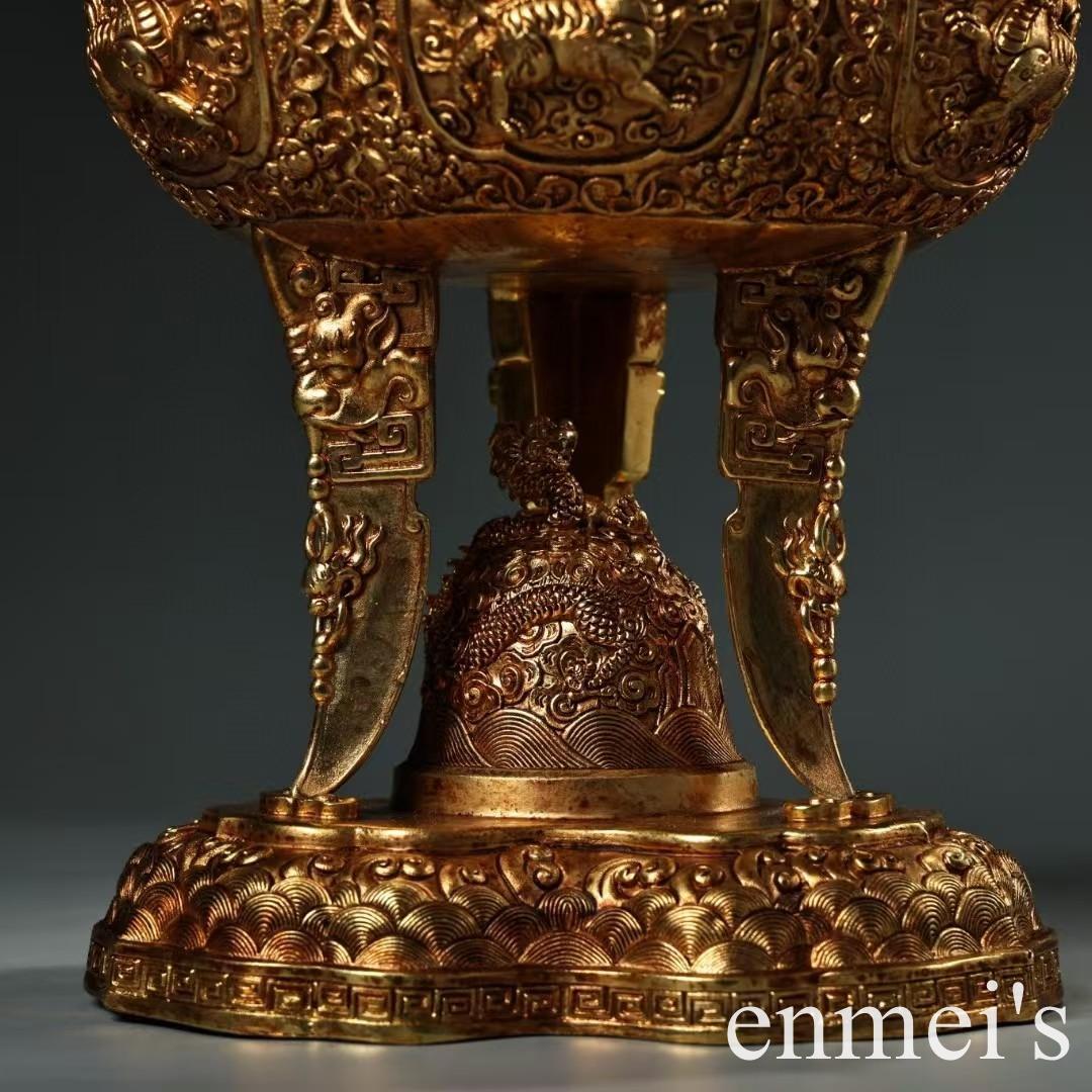 中国古美術・旧蔵六鳳三足獣耳香炉・純銅製・鏨刻鎏金・純手作り・置物・茶道・文房具