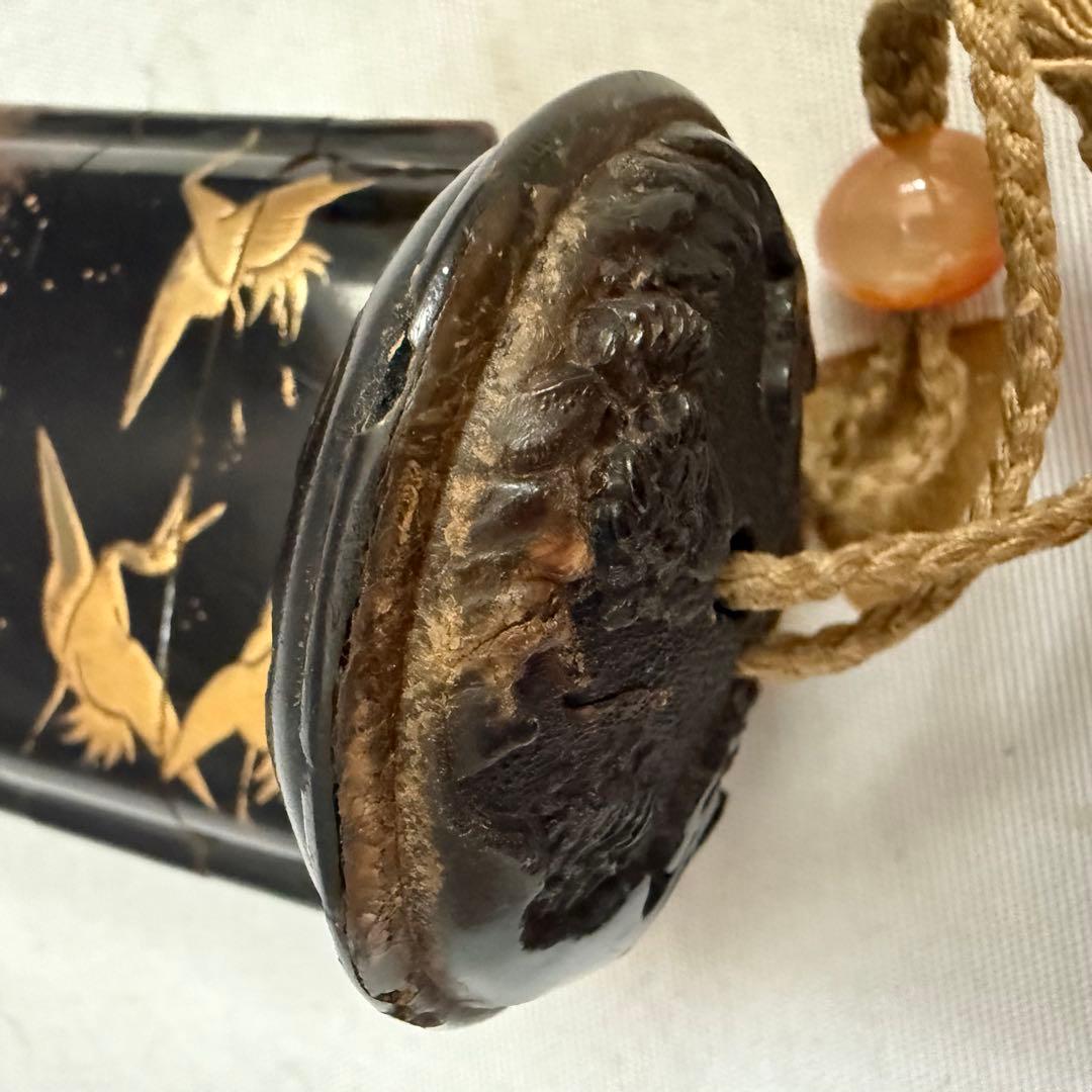 時代物　波に鶴　蒔絵印籠　根付