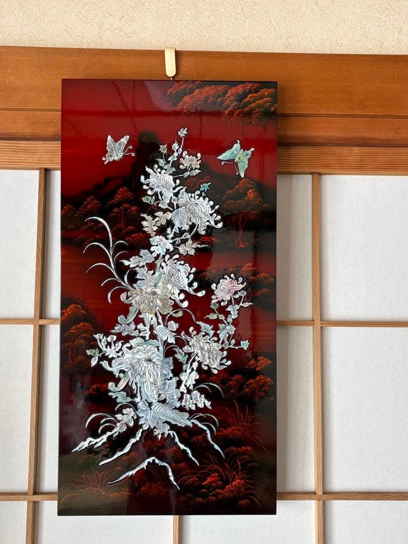 螺鈿　漆器アート 4枚セット 花と蝶