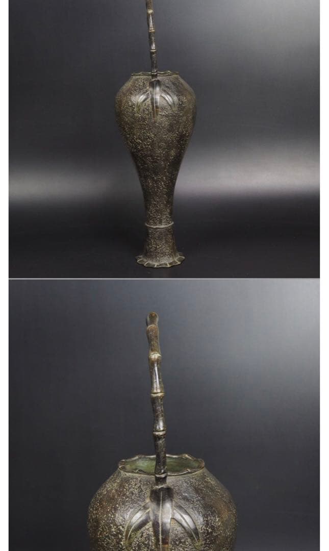 送料無料　桃山時代天正十年（中国の万歴年）砂張り銅花入/古銅花入　高さ38ｃｍ