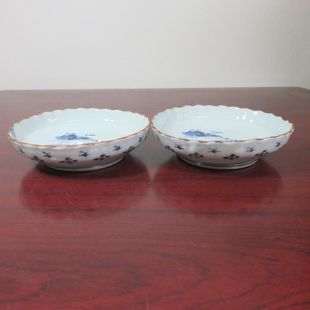皿 2枚 染付 鳥 花 島 海 窯傷 明治 大正 その1