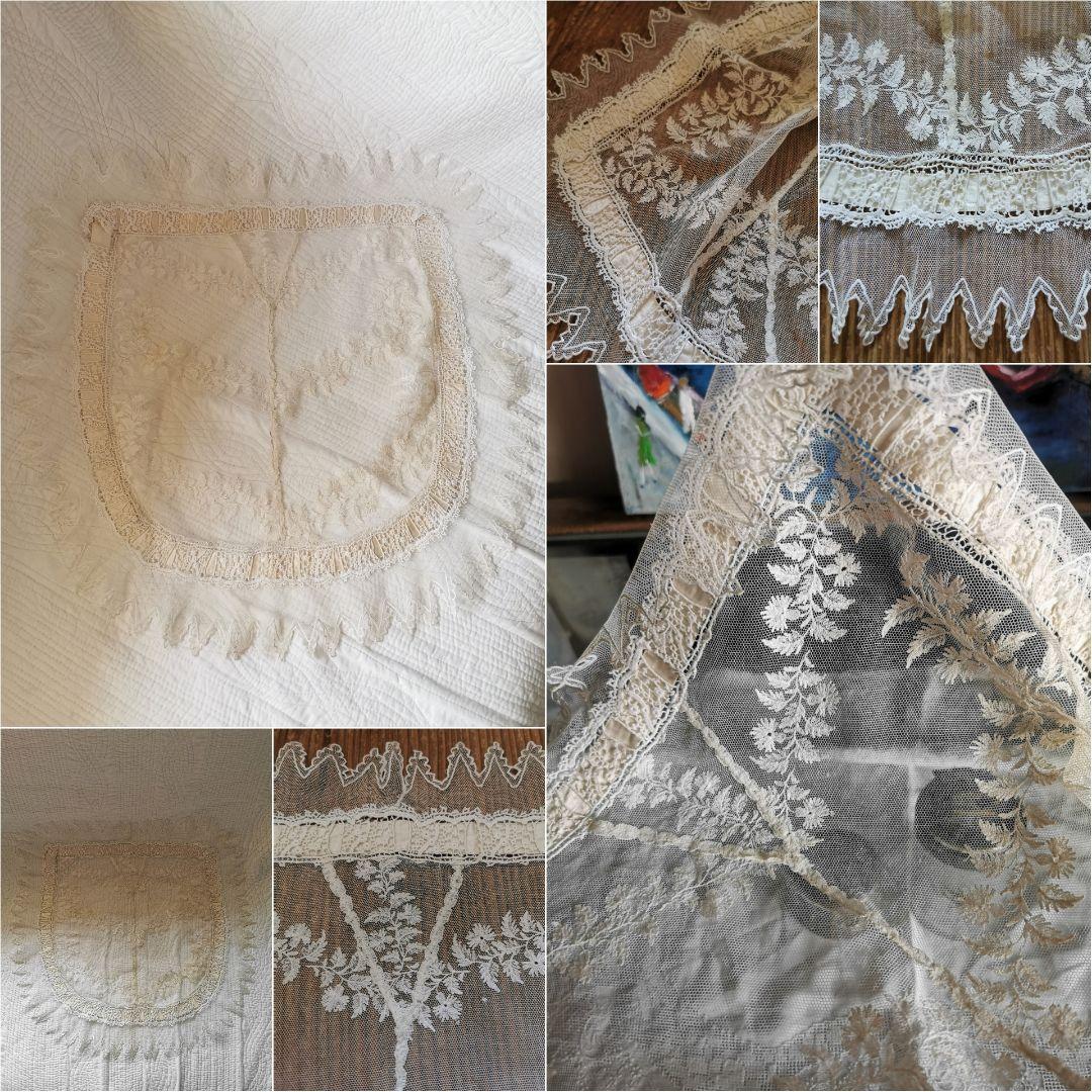 アンティークフランス シルクリボン＆スカラップレース 盛り上げ刺繍ドイリー