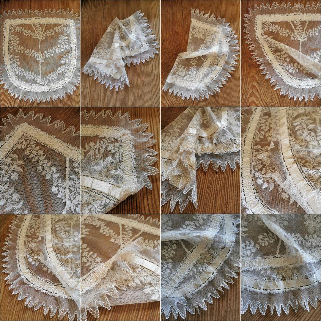 アンティークフランス シルクリボン＆スカラップレース 盛り上げ刺繍ドイリー