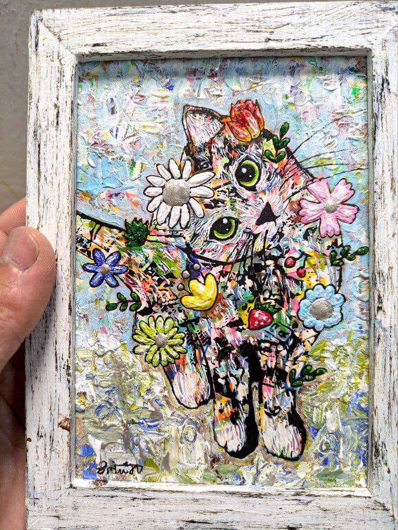 手作り額付き作品　title「はるうららニャンコ」