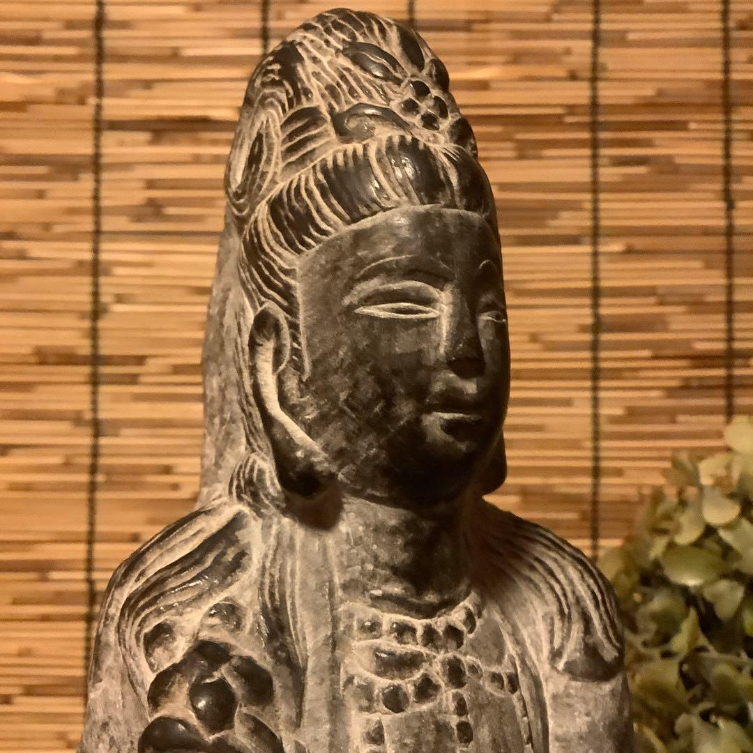 中国魏國「大魏・菩薩立像」南北朝時代・北斎・北魏様式・黒曜石・年号刻字彫