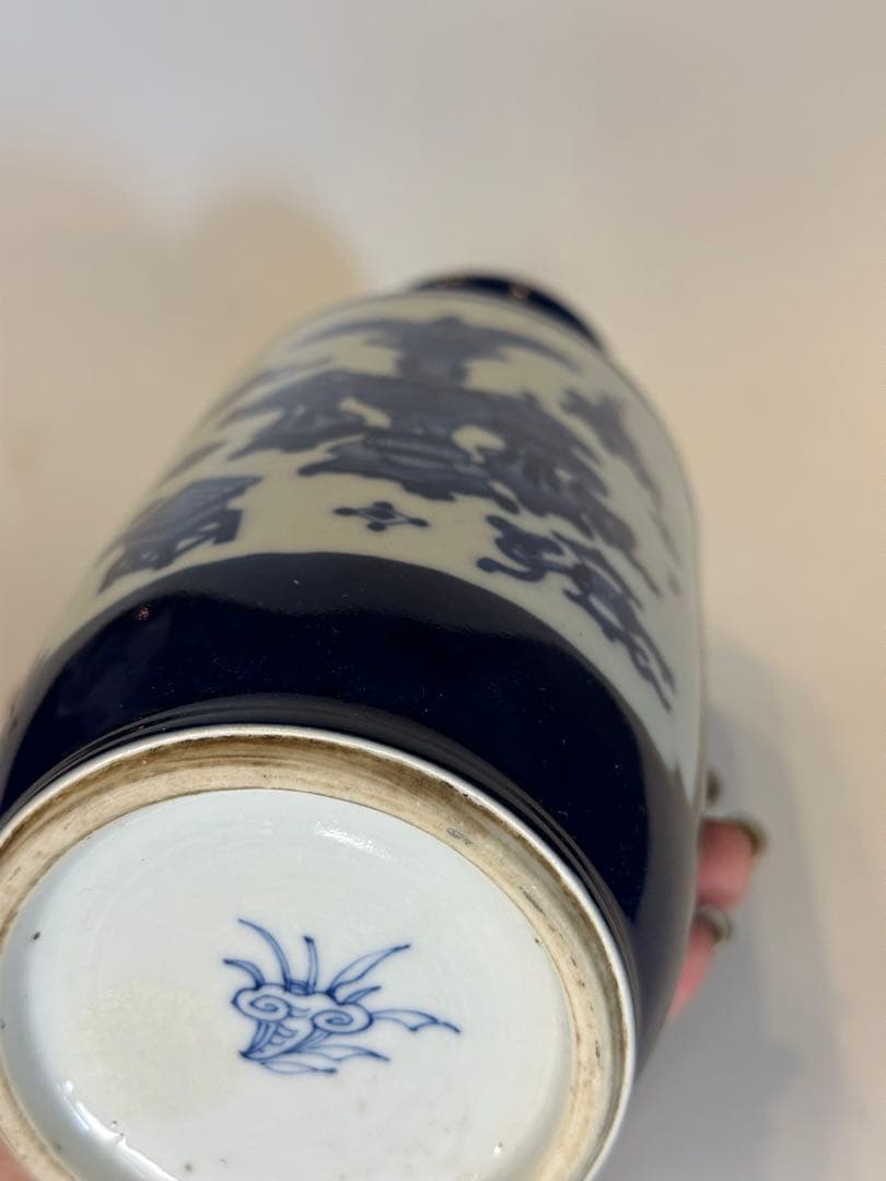 最終價格 清時代 染付山水博古花瓶 中国 骨董 古董 古い 花瓶