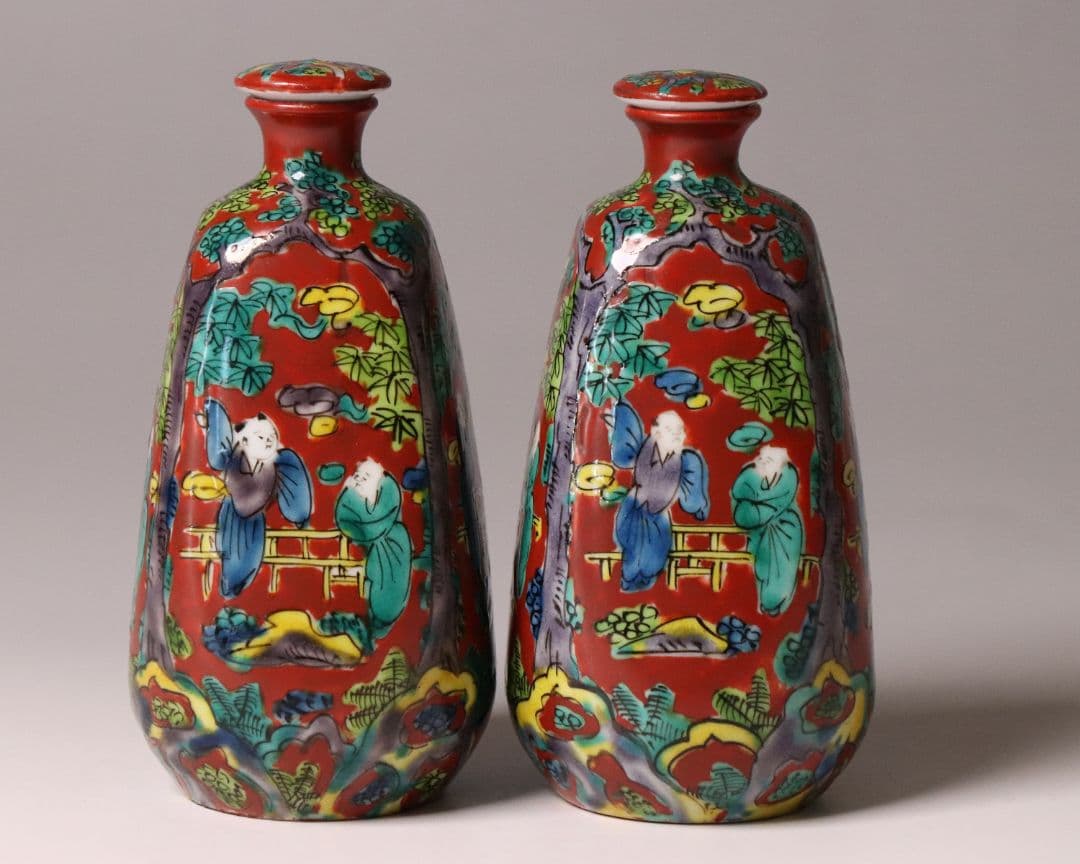 陶芸 九谷焼 木米写し 徳利一対 唐人物図 色絵 赤絵 酒器【MA469】