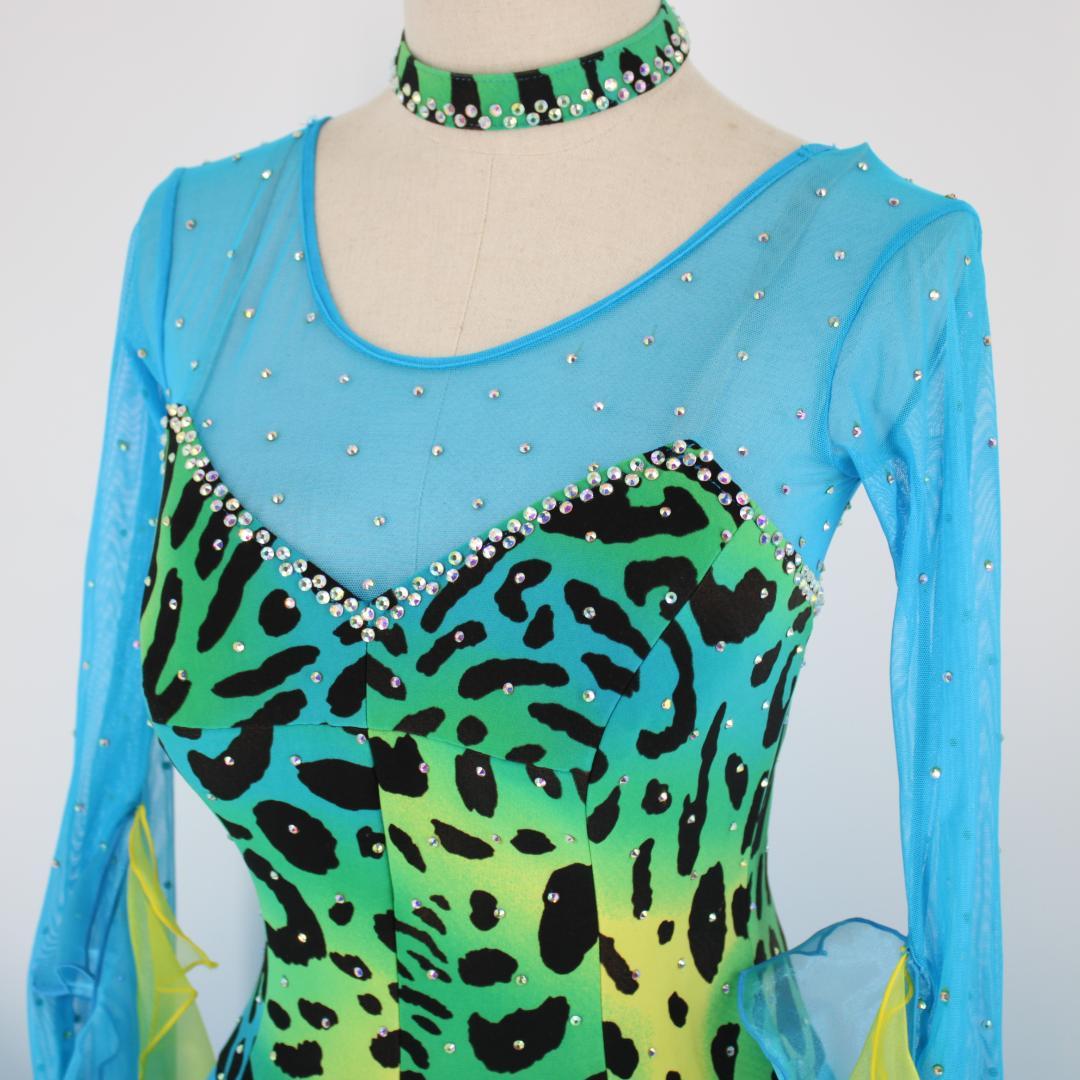 【美品 社交ダンス衣装】ブルー＆イエロー Tsukioka ワンピース ドレス