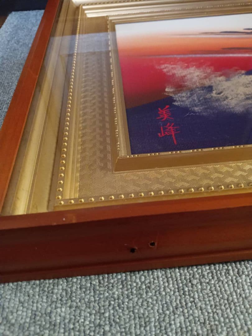 油彩画 大型作品 立体赤富士 美峰 額縁サイズ92.5✕42cm 日本美術工芸品