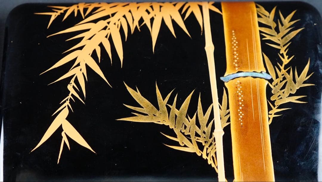 時代 竹梅蒔絵 家紋 内梨地 五段重箱 二枚蓋 螺鈿細工 青貝 木製 / 輪島塗