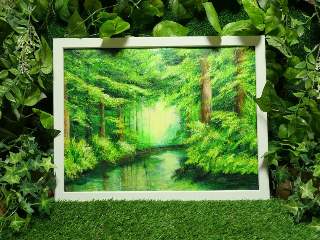 油絵 絵画 【緑の湖】