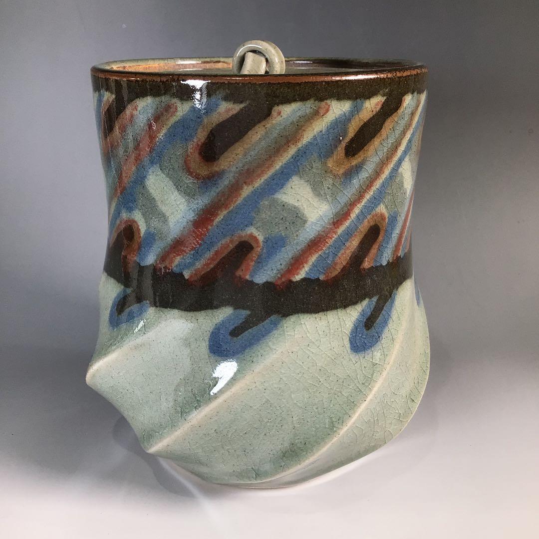 Ｎ１６５　水指　『明神窯　岡本高始造』『練上水指』　共箱　茶道具