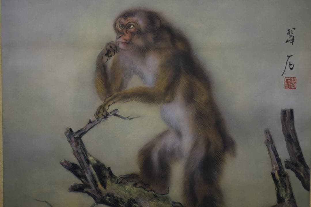 模写/大橋翠石/花木に猿図/桐共箱二重箱付/ 布袋屋掛軸HE-932