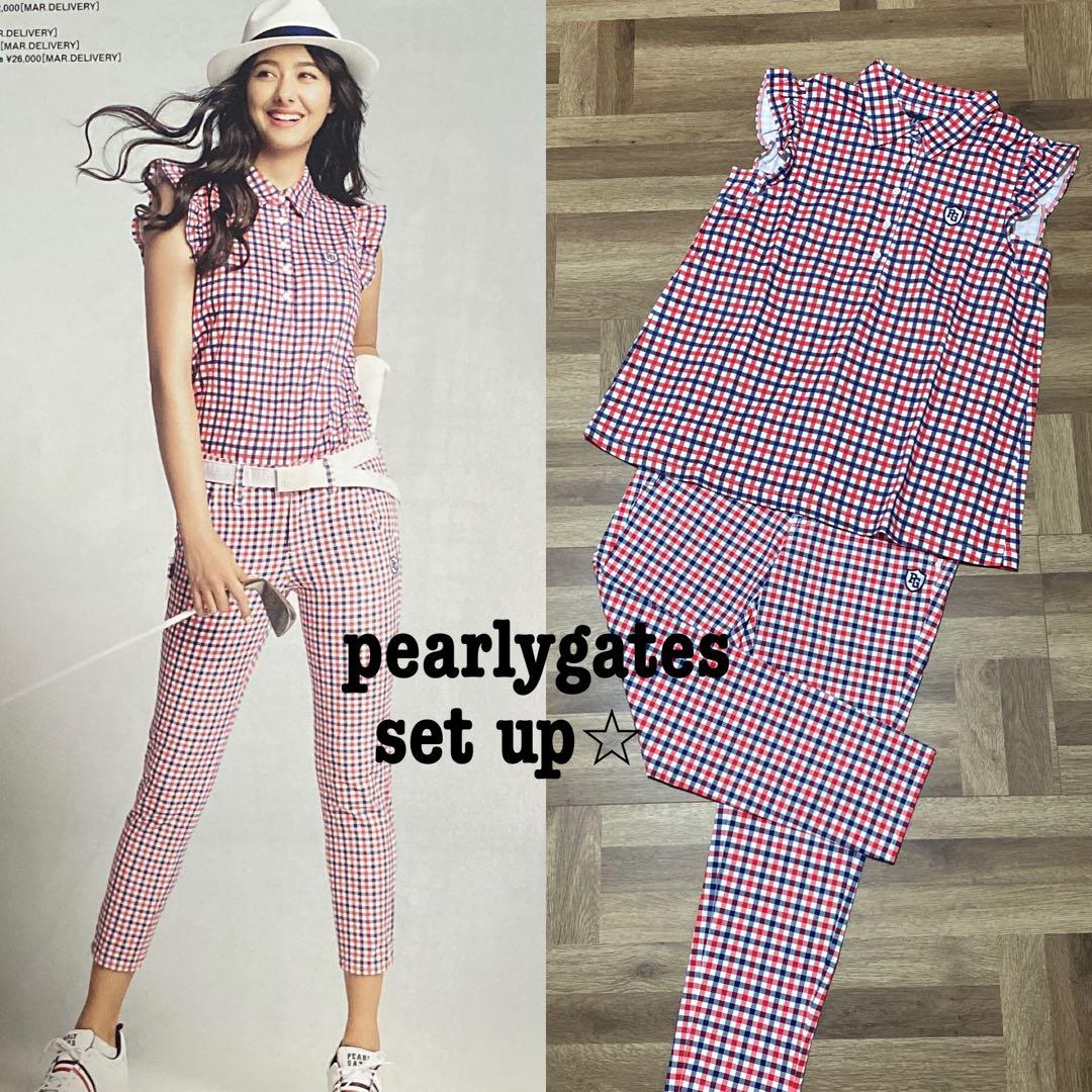 美品♡パーリーゲイツ♡セットアップ♡チェック♡トリコロール♡レッド♡ホワイト♡S