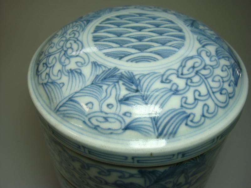 鉢■古伊万里 古い染付三段重 青海波文様 重鉢 花唐草 古陶磁器 時代物 骨董■