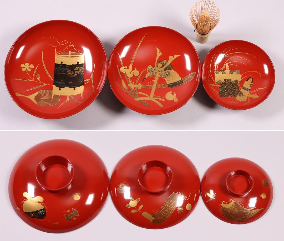 【MB59】大型 九ッ組大盃 盃台 伝統柄 絵変金蒔絵 木製 松竹梅 節句 朱塗